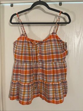Old Navy Orange Plaid Tiered Spaghetti-Strap Tank Top NWT Large